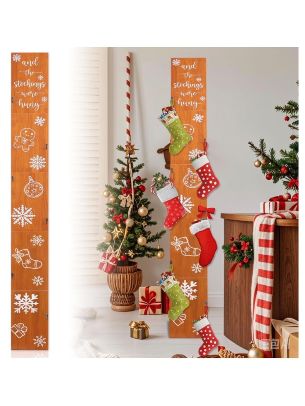 Christmas Stocking Holder “ And The Stockings Were Hung” Wooden Holder 6 Hooks - Picture 2 of 8